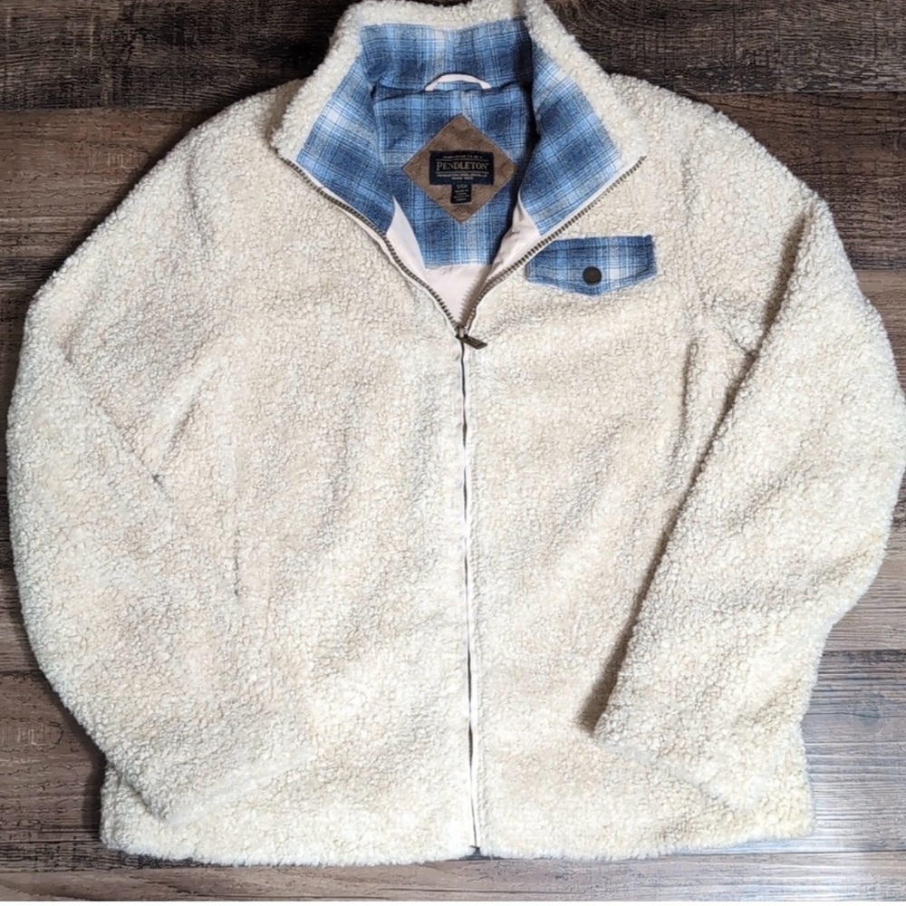 Pendleton Sherpa Fleece Teddy Jacket Zip Up Deep Pile | Sz Small | Cream/Plaid